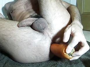 Fucking my hole deep with huge vegetables until I cum out of it twice