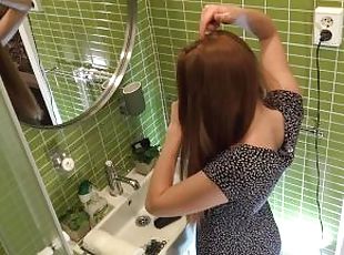Cutest Redhead Petite Girlfriend does a Hairdo in the Bathroom No P...