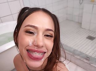 Sweet chick Laya Rae gets a facial after fucking in the bathroom