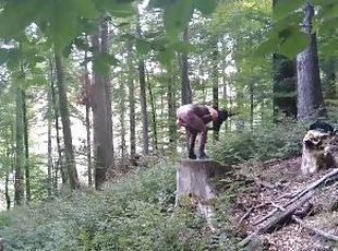 I masturbate and stick a dildo in my pussy while standing on a wood...