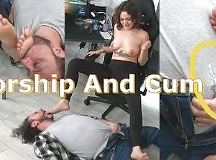 birou-office, slclav, picioare, chilotei, sperma, fetish, dominare, femdom