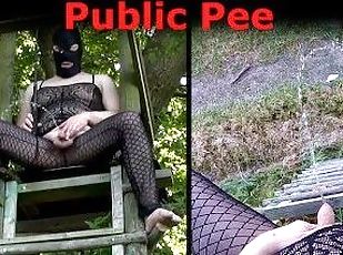 Public pissing from 3 meter high deer stand in sheer clothes. POV P...