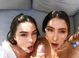 amatir, sayang, blowjob-seks-dengan-mengisap-penis, remaja, latina, bertiga, ganda, sudut-pandang, sperma, sempurna