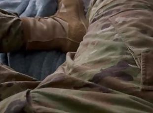 Horny US Army solider jerks off in his barracks in his full uniform...