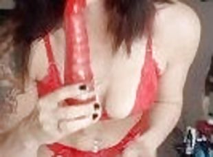 Busty Hot Milf in Red Lingerie gives Jerk Off Instruction for Cum, ass Pussy Wide Opened