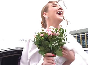 Sexy bride in white dress moans loudly being fucked in the wedding limo