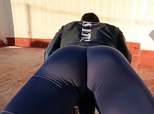 Fitness instructor in tight spandex gets erect while stretching (pr...