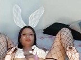 Bunny with a plug in her ass is very hot and grabs her dildo to giv...