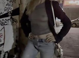 Wife got so horny when dared to show tits in public in see through ...