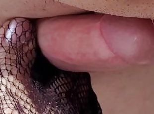 Sissy husband gets foot job from feet in fishnets and licks cum to ...