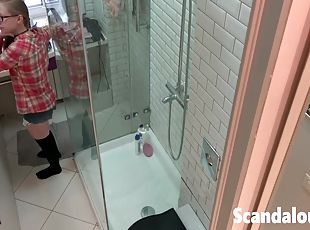 bañando, amateur, adolescente, cámara, voyeur, novia, rubia, ducha, tetitas