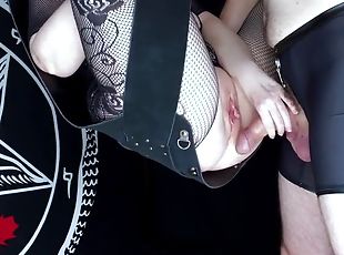 Satanic pussy fucking on the sex swing. Cum dripping from her wet p...