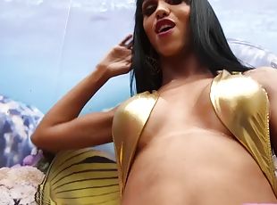 teta-grande, masturbação, transsexual, latina, gozando, rabo, sozinho, biquini, sapatos-salto-alto