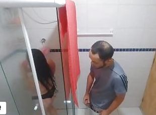 naughty old stepfather watches his stepdaughter in the shower! and made her give a blowjob, and feel