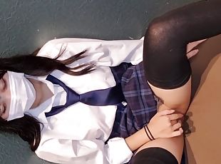 asiatisk, amatør, legetøj, japans, deepthroat, strømper, synsvinkel, uniform, brunette