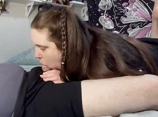 BBW MILF teases with a footjob then gives a deepthroat blowjob givi...