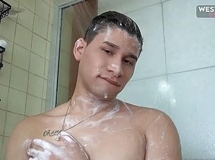 Hot Latin stud Evan Hayek jerks his big cock in the shower