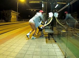Quick and risky sex at a public bus stop, squirting orgasm and cum ...